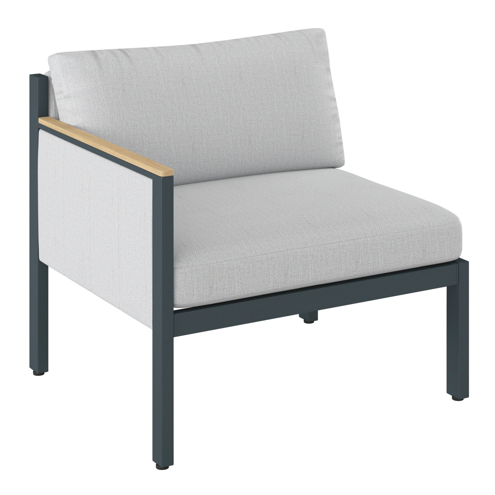 Lounge-Sofa mit linkem Armteil, grauer Stoffbezug, schwarzes Metallgestell, seitliche Perspektive