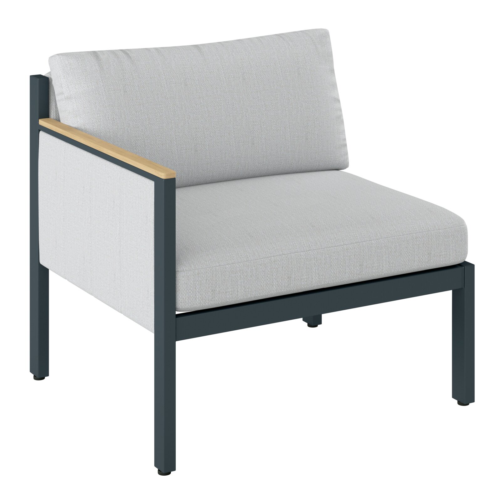 Lounge-Sofa mit linkem Armteil, grauer Stoffbezug, schwarzes Metallgestell, seitliche Perspektive