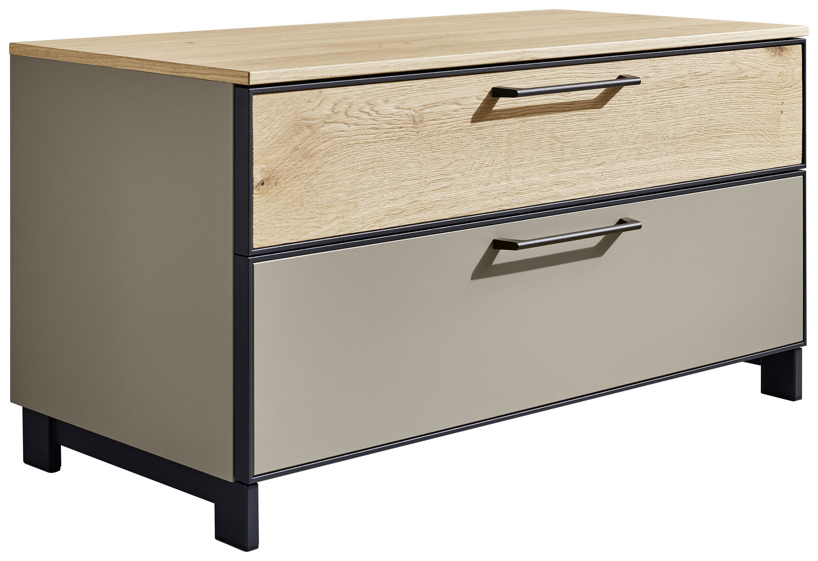 Garderobenbank mit zwei Schubladen, obere Schublade in Holzoptik, untere in grauer Farbe, seitliche Perspektive