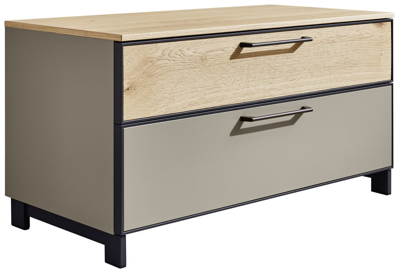 Garderobenbank mit zwei Schubladen, obere Schublade in Holzoptik, untere in grauer Farbe, seitliche Perspektive