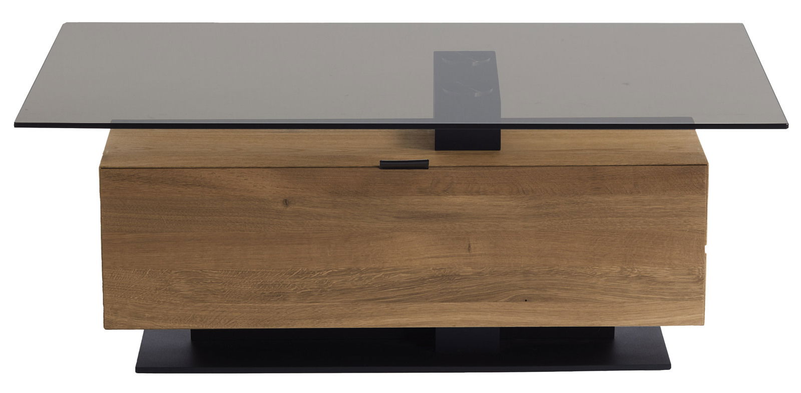 Moderner Couchtisch mit Glasplatte und Holzunterbau, frontal betrachtet.