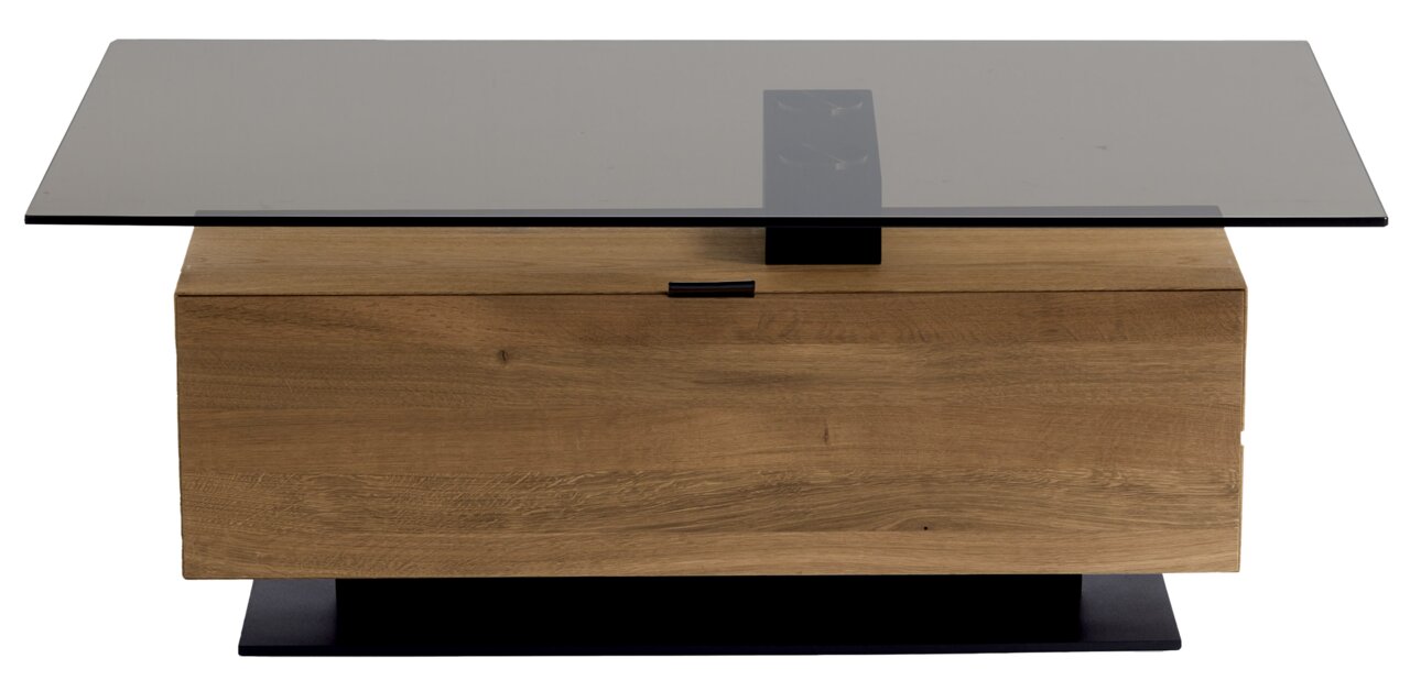 Moderner Couchtisch mit Glasplatte und Holzunterbau, frontal betrachtet.