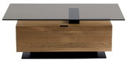 Moderne salontafel met glazen blad en houten onderstel, gezien vanaf de voorkant.