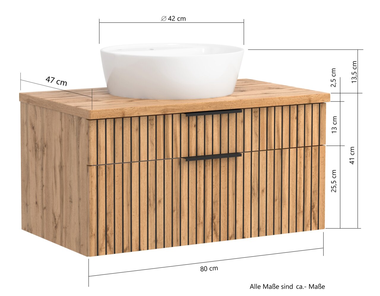 Frontansicht eines Waschtisch-Sets mit Holzoptik und weißem Aufsatzwaschbecken, 80 cm breit