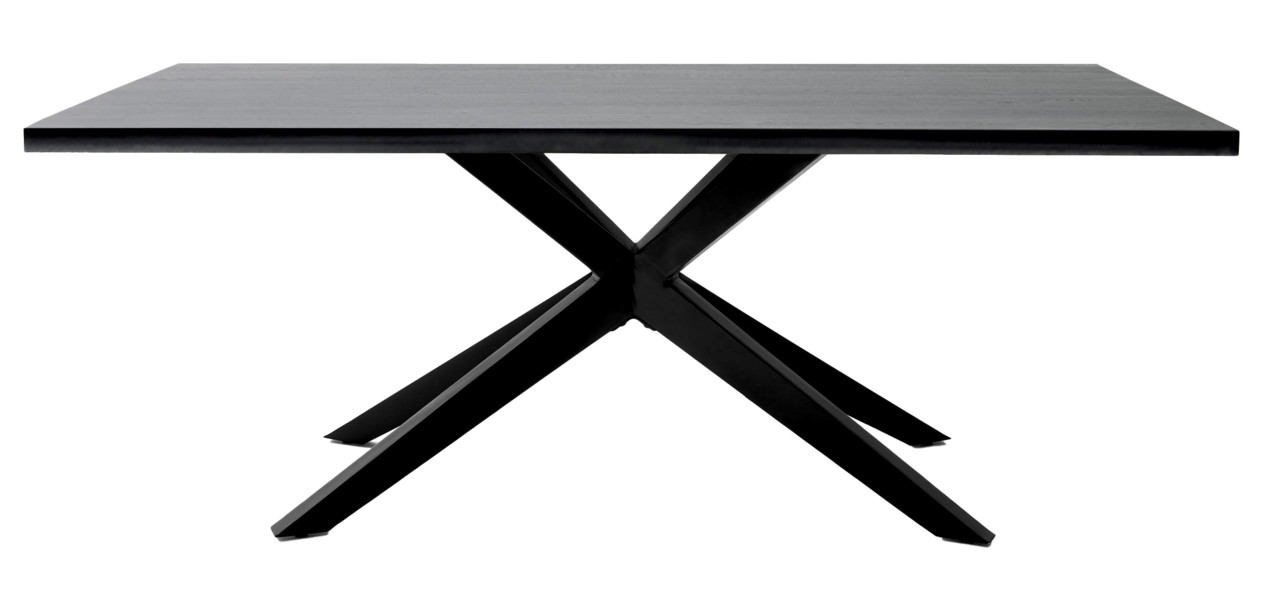 Moderner Esstisch mit schwarzem X-förmigem Metallgestell und rechteckiger Tischplatte, seitliche Perspektive.