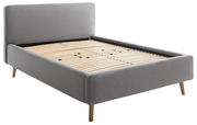 Graues Polsterbett mit Holzlattenrost, seitliche Perspektive