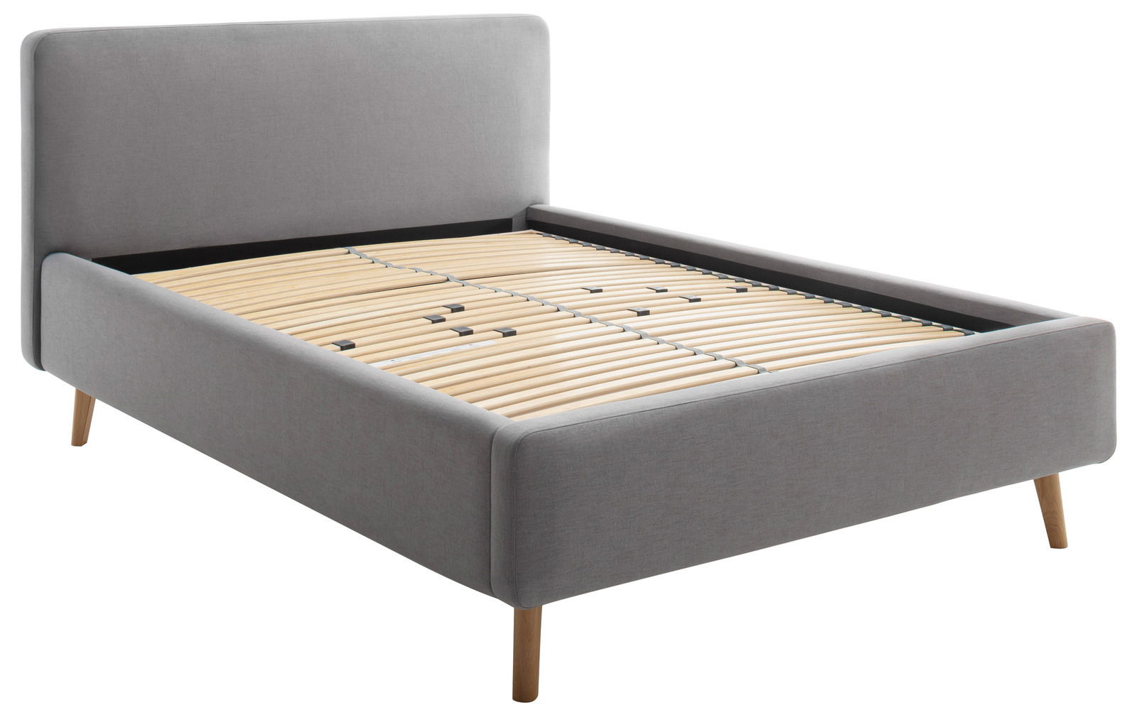 Graues Polsterbett mit Holzlattenrost, seitliche Perspektive