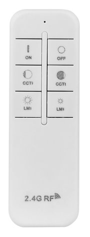 Fernbedienung für Deckenleuchte, Vorderansicht mit Tasten für Ein/Aus, CCT und Helligkeitseinstellung, 2.4G RF Technologie.