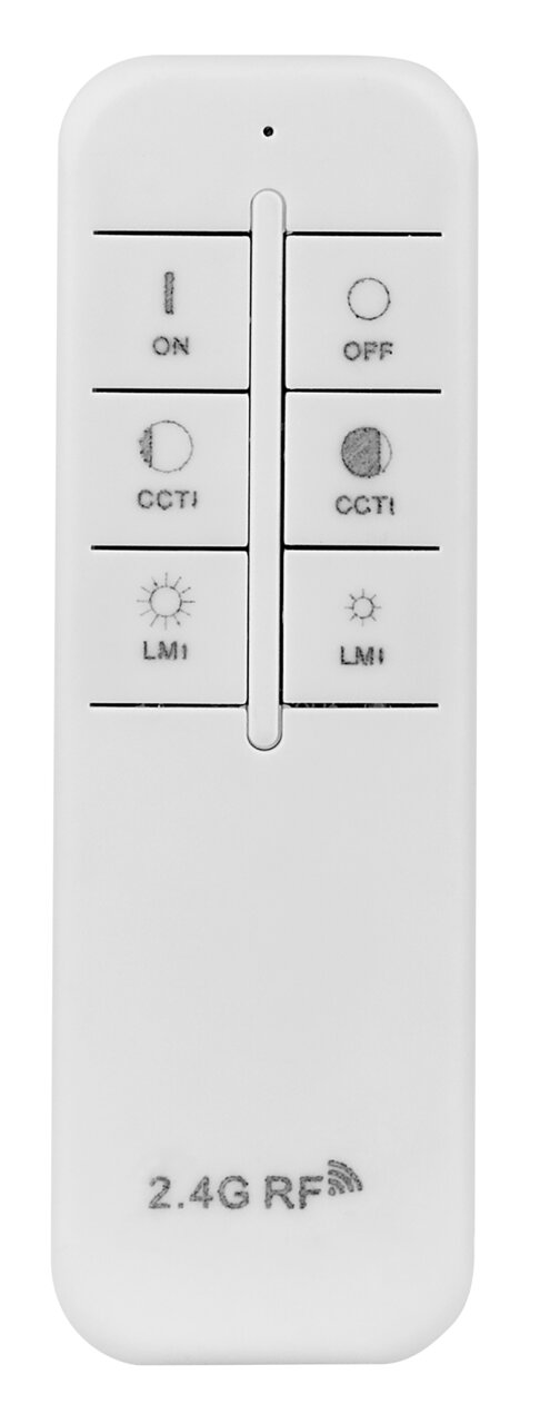 Fernbedienung für Deckenleuchte, Vorderansicht mit Tasten für Ein/Aus, CCT und Helligkeitseinstellung, 2.4G RF Technologie.