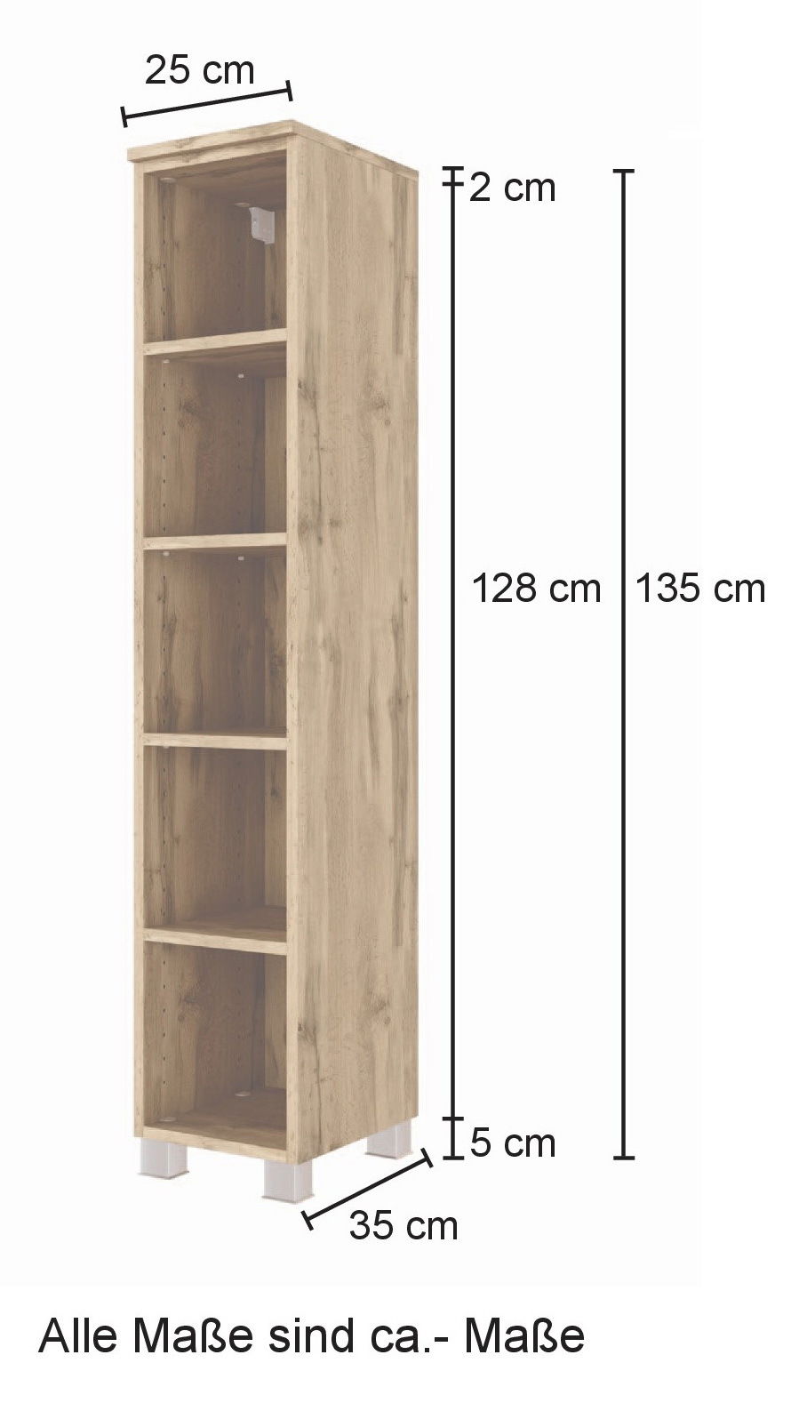 Holz-Midi-Regal mit fünf Fächern, Maße: 135 cm hoch, 35 cm breit, 25 cm tief, seitliche Perspektive