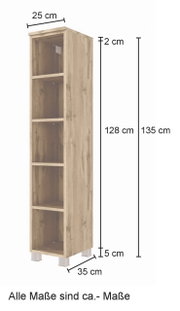 Houten midi-rek met vijf vakken, afmetingen: 135 cm hoog, 35 cm breed, 25 cm diep, zijaanzicht