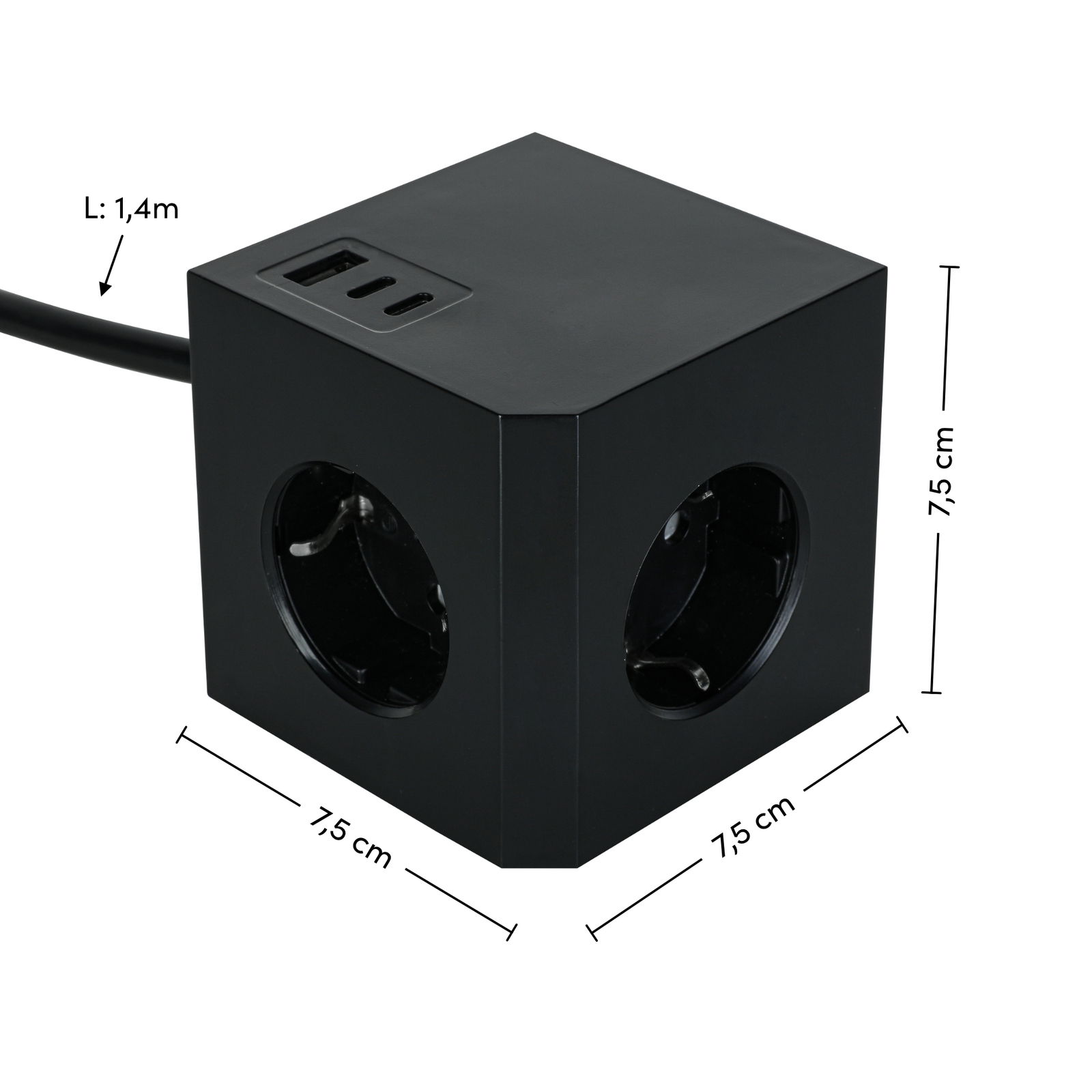 Schwarzer Steckdosenwürfel mit drei USB-Anschlüssen und mehreren Steckdosen, Perspektive von schräg oben, Maße 7,5 cm x 7,5 cm x 7,5 cm, Kabellänge 1,4 m