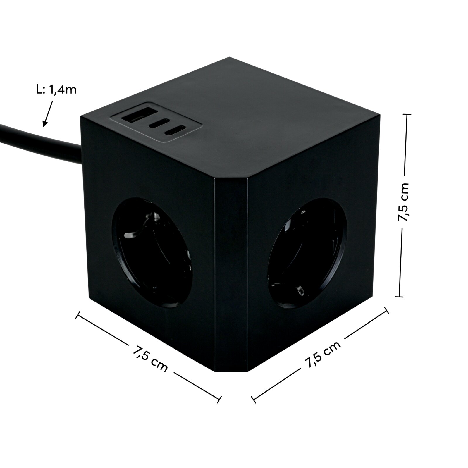 Schwarzer Steckdosenwürfel mit drei USB-Anschlüssen und mehreren Steckdosen, Perspektive von schräg oben, Maße 7,5 cm x 7,5 cm x 7,5 cm, Kabellänge 1,4 m