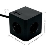 Schwarzer Steckdosenwürfel mit drei USB-Anschlüssen und mehreren Steckdosen, Perspektive von schräg oben, Maße 7,5 cm x 7,5 cm x 7,5 cm, Kabellänge 1,4 m