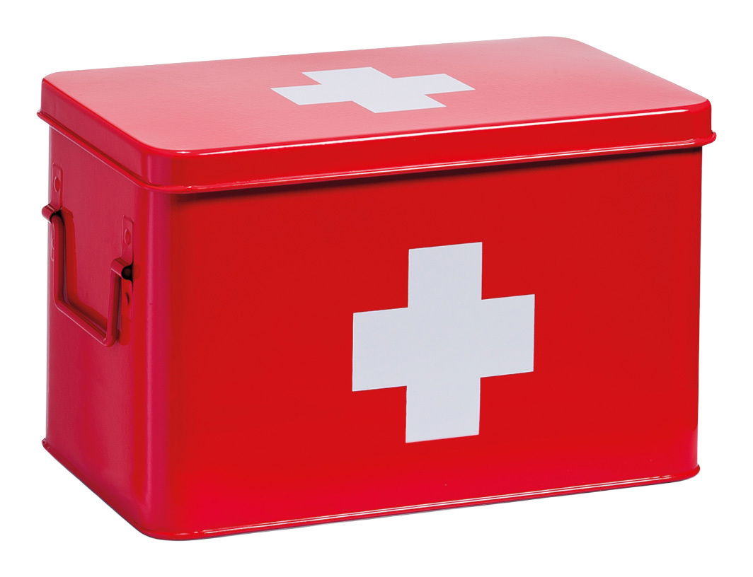 Rote Medizinbox aus Metall mit weißem Kreuz, seitliche Perspektive
