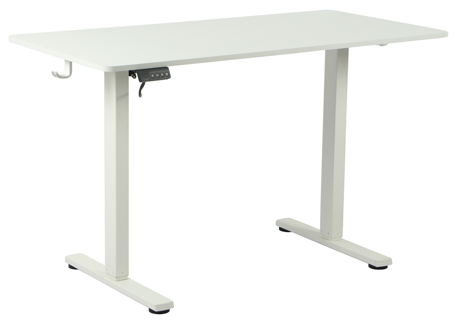 Weißer höhenverstellbarer E-Schreibtisch mit zwei Beinen und seitlichem Haken, seitliche Perspektive