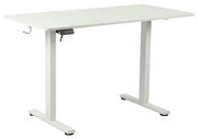 Weißer höhenverstellbarer E-Schreibtisch mit zwei Beinen und seitlichem Haken, seitliche Perspektive