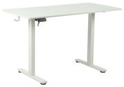 Weißer höhenverstellbarer E-Schreibtisch mit zwei Beinen und seitlichem Haken, seitliche Perspektive