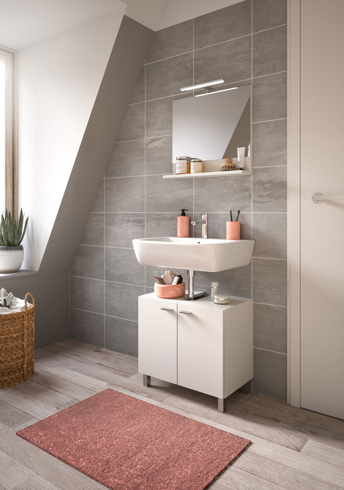 Moderne Badkombination mit Waschbecken, Spiegel und Unterschrank in einem stilvollen Badezimmer, seitliche Perspektive.