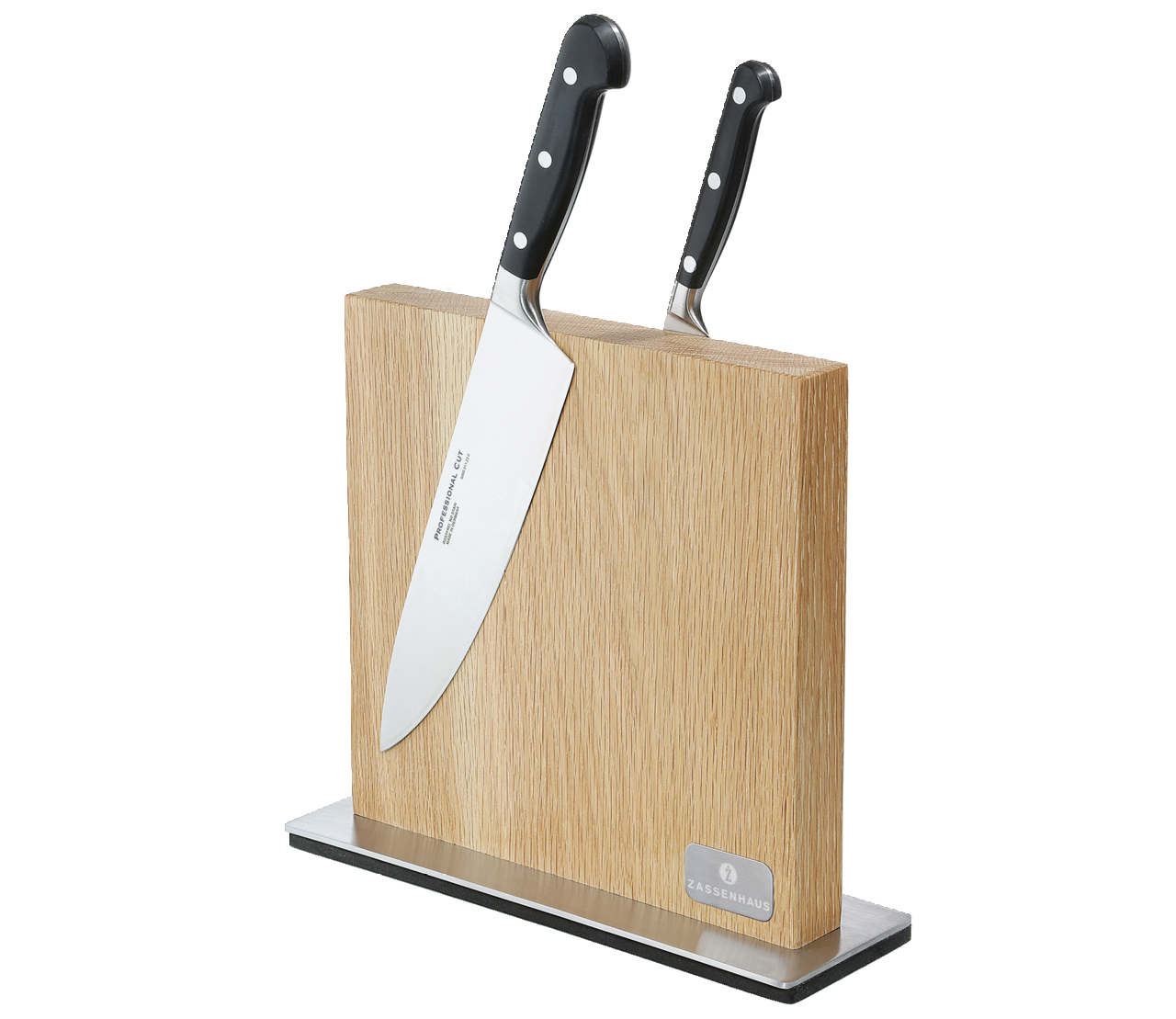 Magnetischer Messerblock aus Eiche mit zwei Messern, seitliche Perspektive