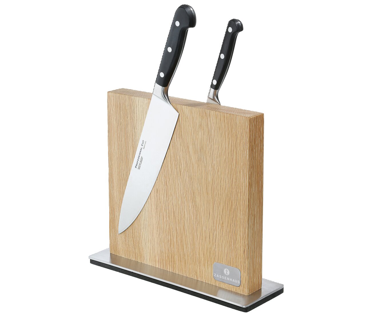 Zassenhaus Magnet-Messerblock Eiche Magnetischer Messerblock aus Eiche mit zwei Messern, seitliche Perspektive