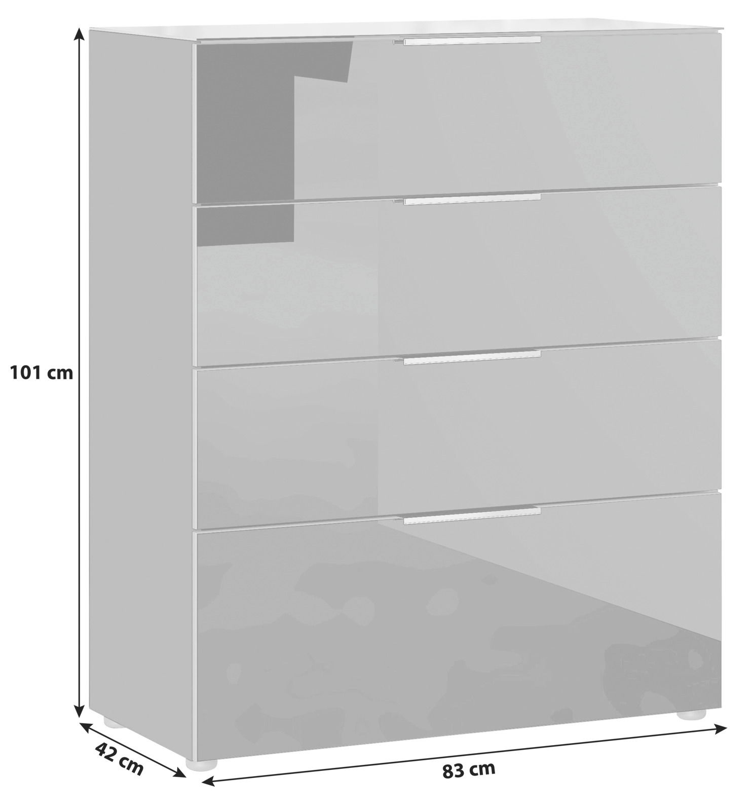 Schubkastenkommode Novel OAKLAND in seitlicher Perspektive mit vier Schubladen, Maße: 101 cm Höhe, 83 cm Breite, 42 cm Tiefe.