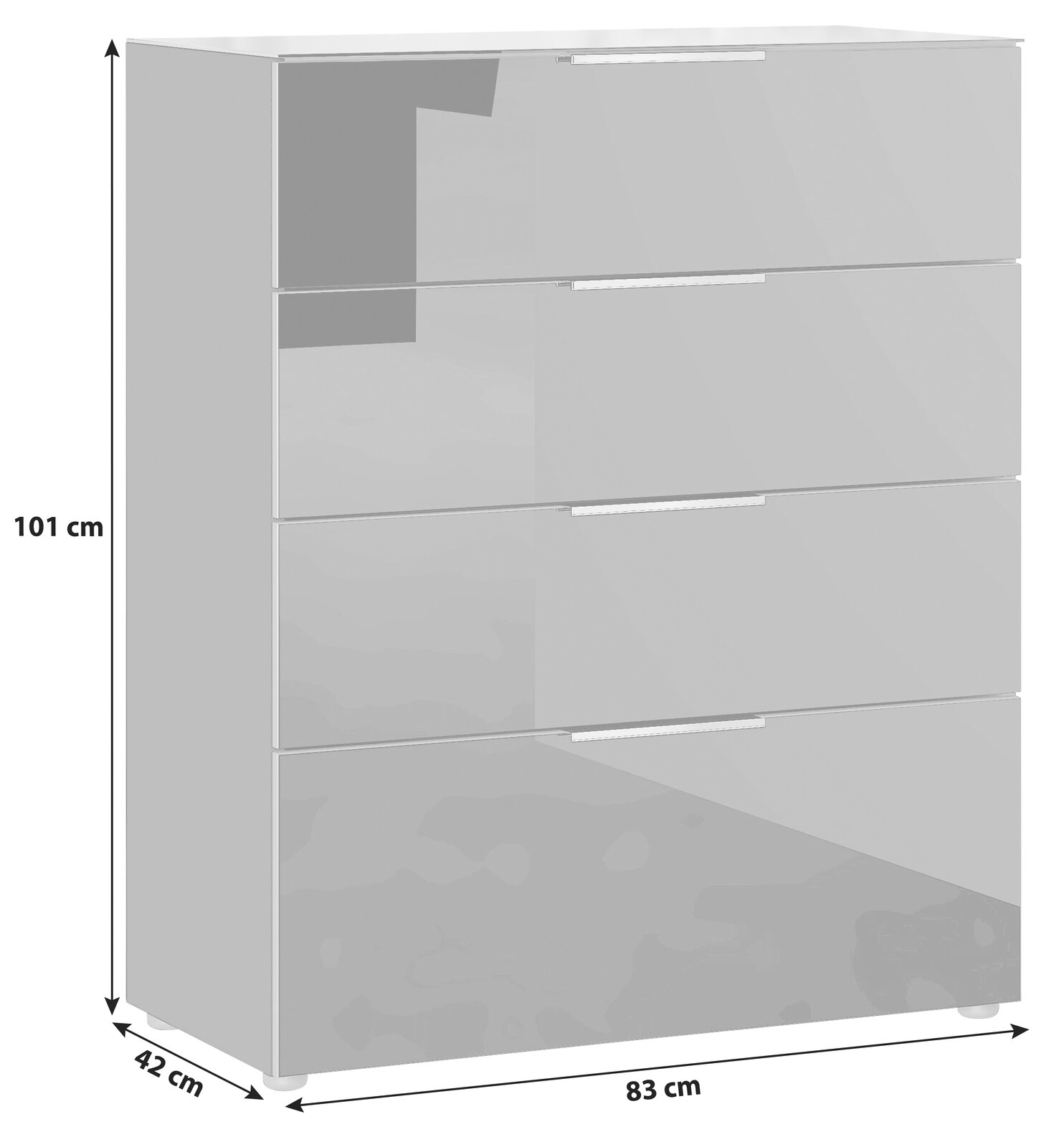 Schubkastenkommode Novel OAKLAND in seitlicher Perspektive mit vier Schubladen, Maße: 101 cm Höhe, 83 cm Breite, 42 cm Tiefe.