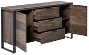 Holz-Sideboard mit drei offenen Schubladen und zwei offenen Türen, seitliche Perspektive