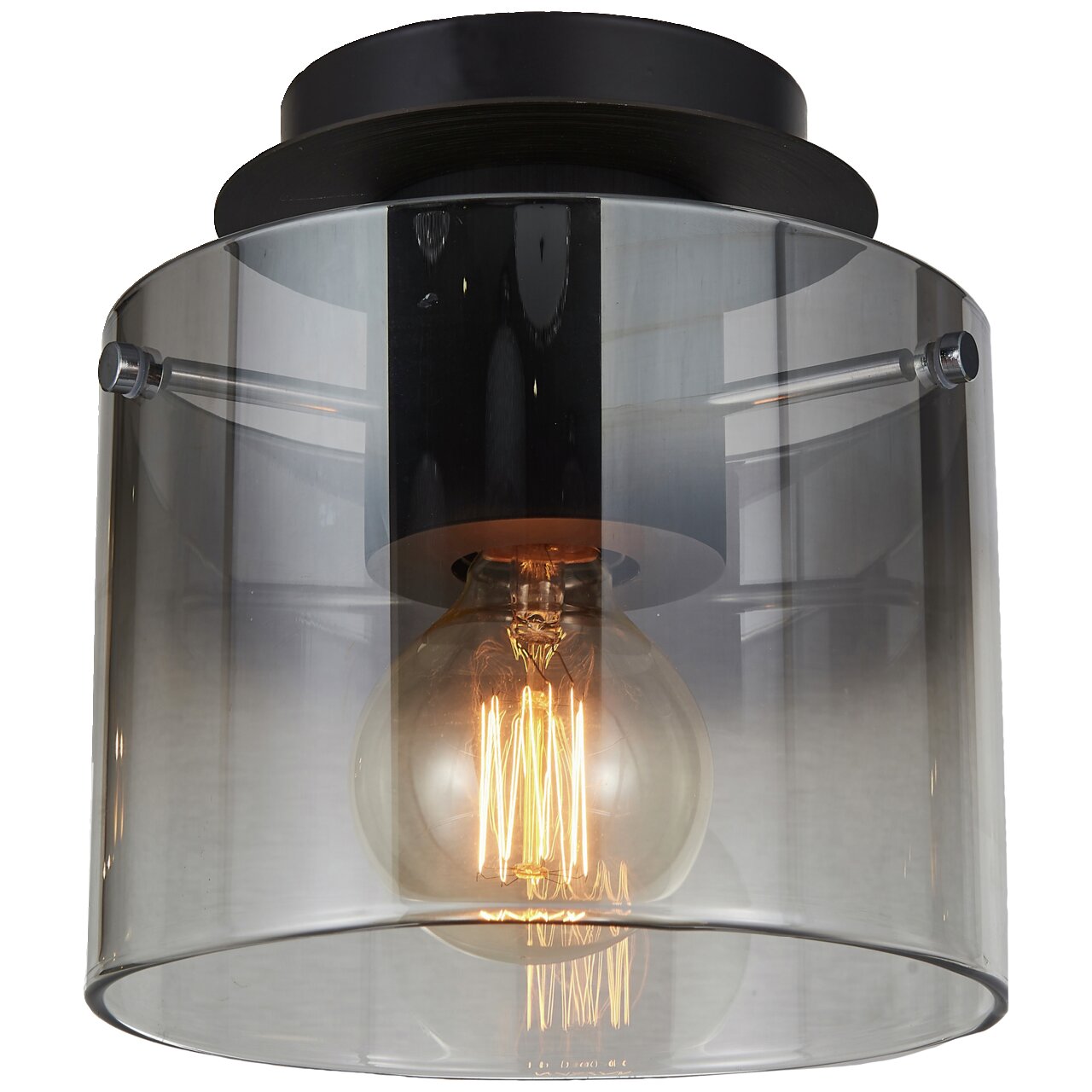 Moderne Deckenleuchte Beth mit transparentem Glaszylinder und sichtbarer Glühbirne, seitliche Perspektive