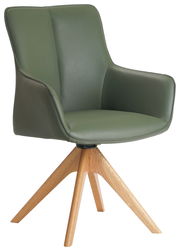 Grüner Armlehnstuhl mit Holzbeinen, seitliche Perspektive