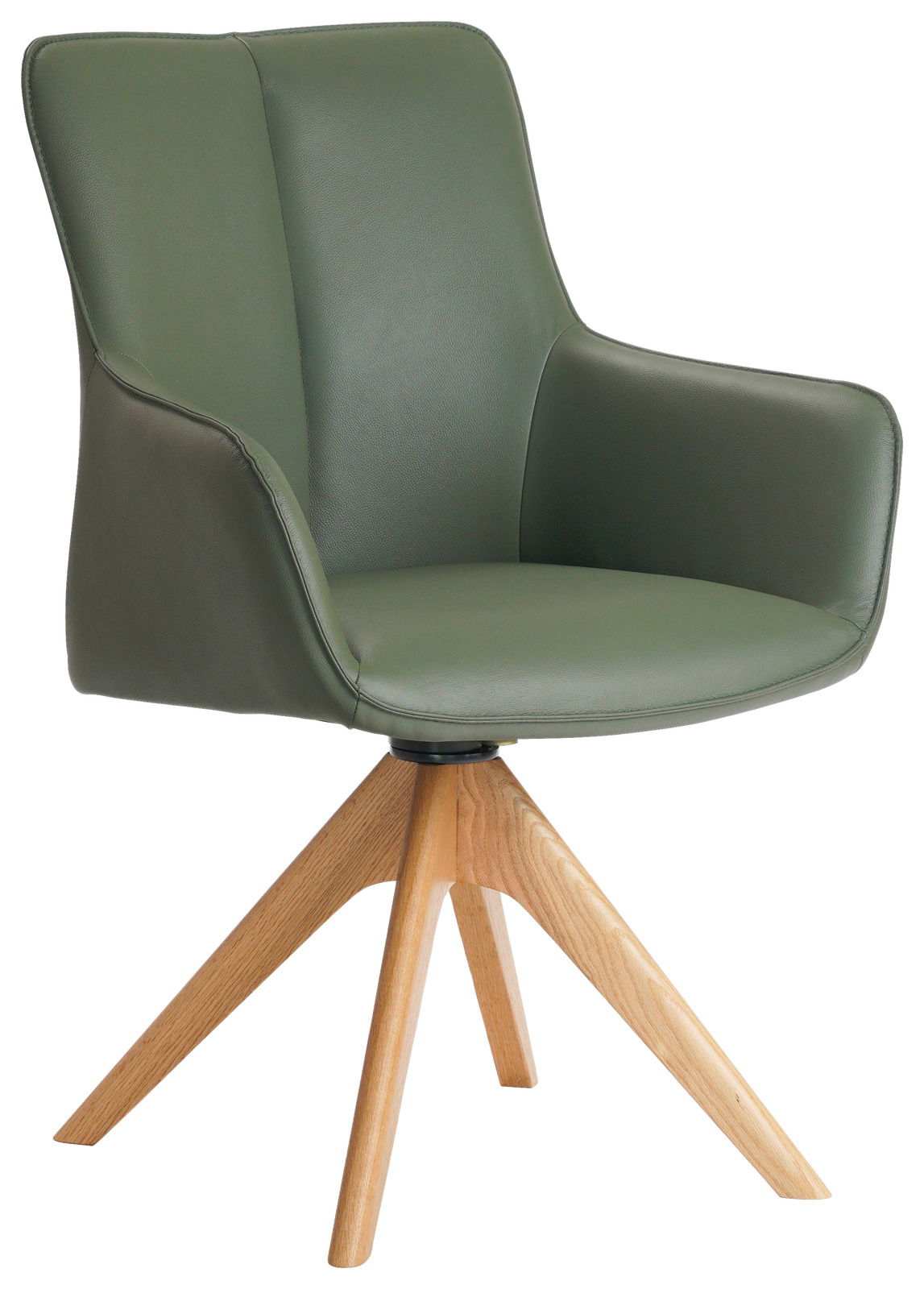 Grüner Armlehnstuhl mit Holzbeinen, seitliche Perspektive