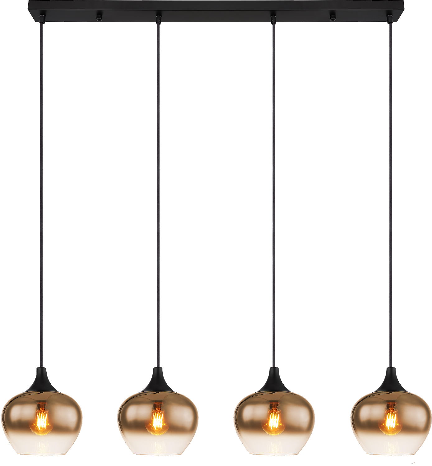 Hängeleuchte MAXY mit vier bernsteinfarbenen Glaskugeln, frontal betrachtet