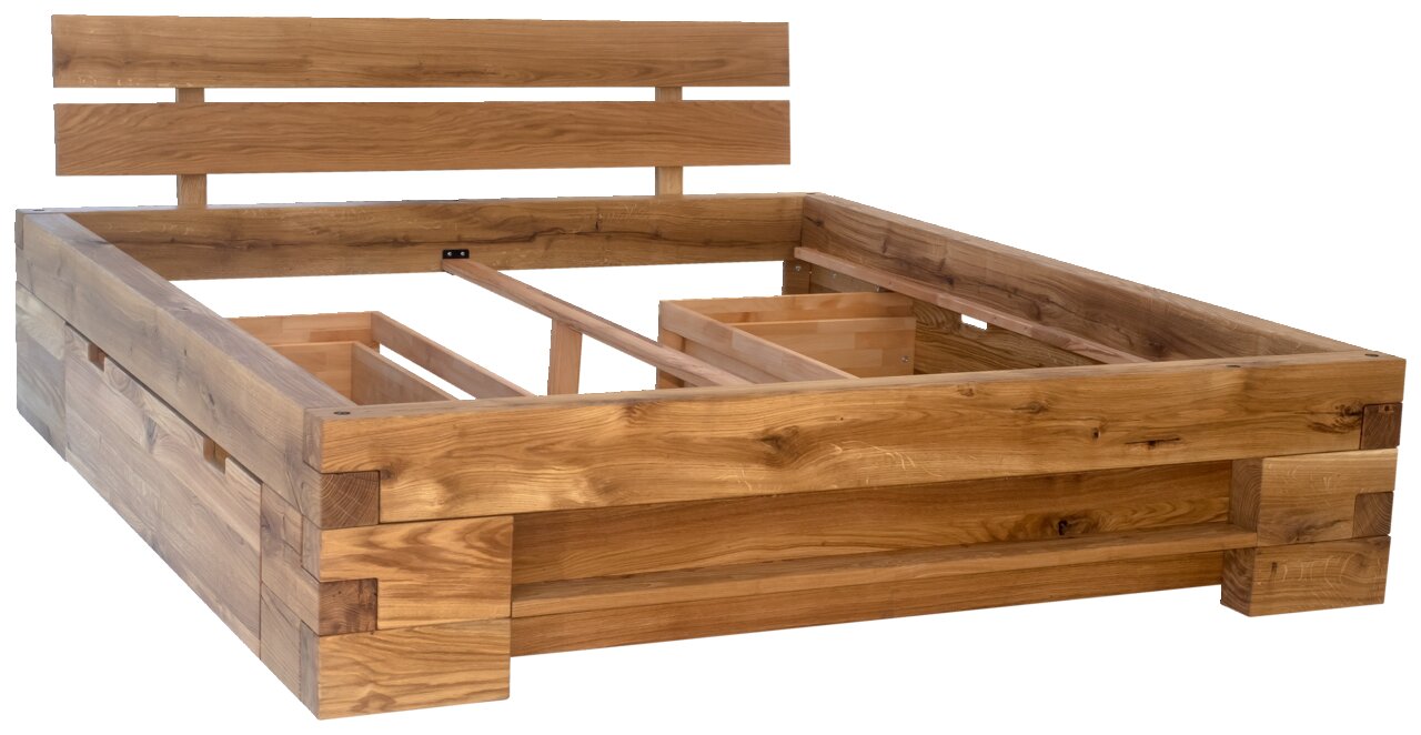 Rustiek houten balkenbed in zijaanzicht