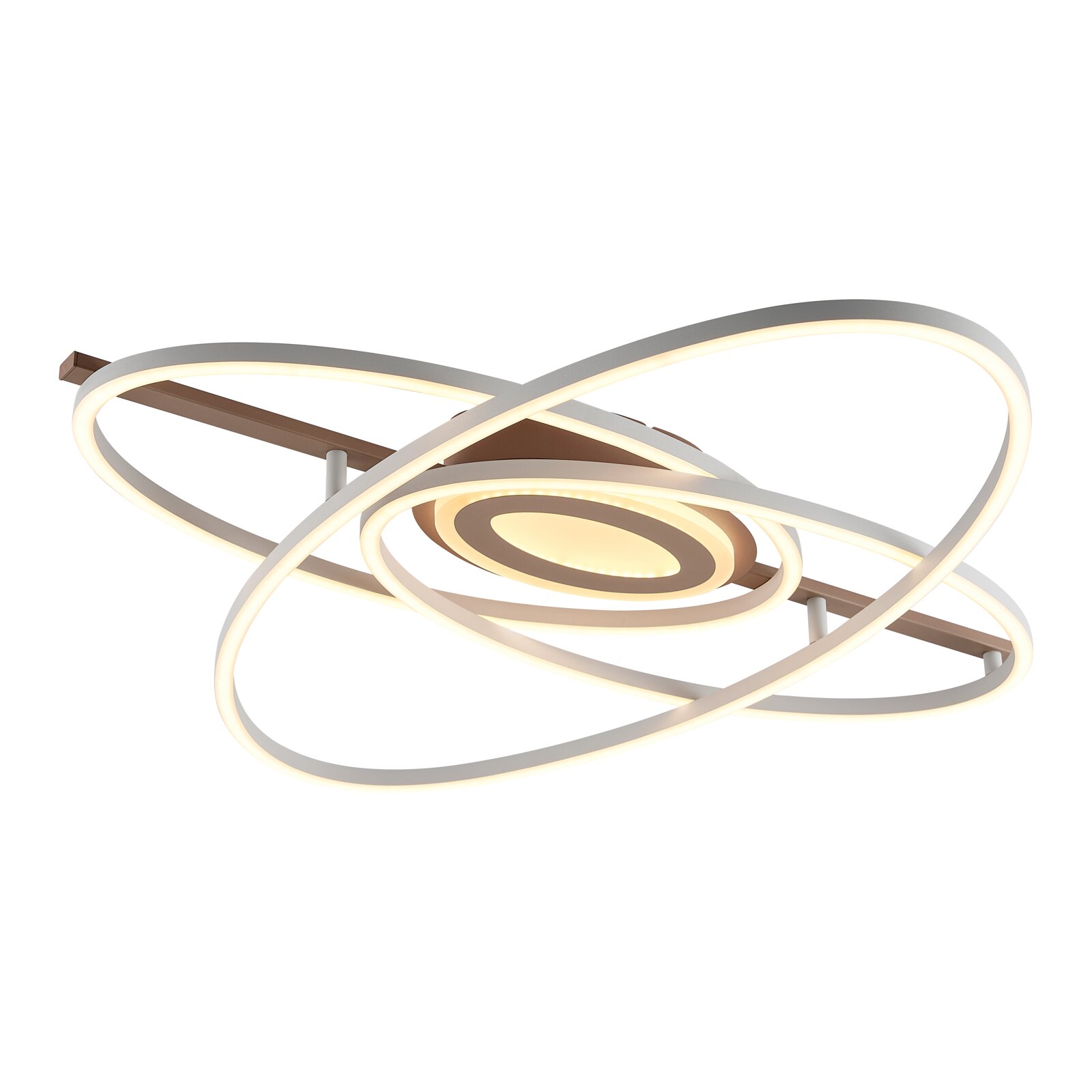 Novel LED-plafondlamp Moderne LED plafondlamp met drie overlappende lichtgevende ringen in wit en brons, gezien in schuin onderaanzicht op witte achtergrond