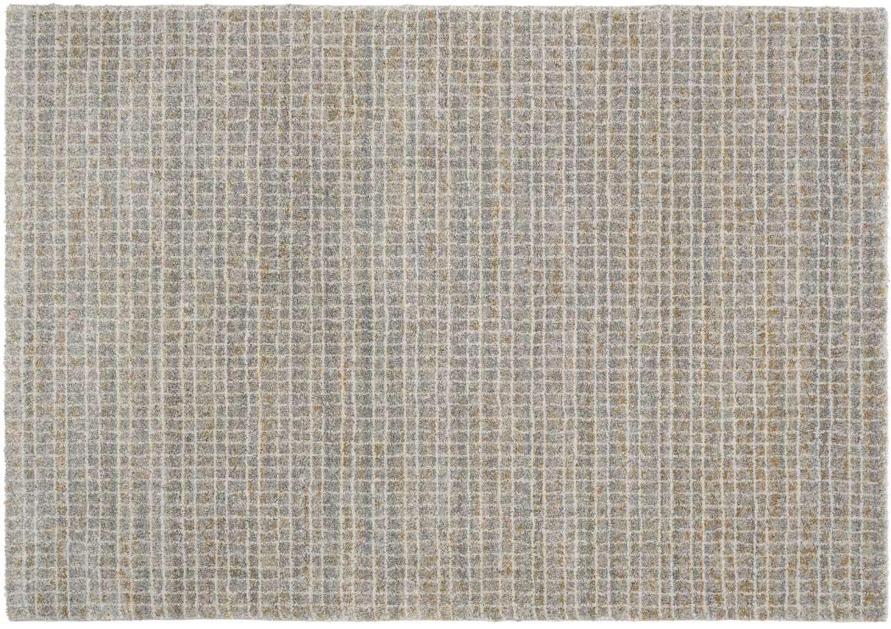 Frisé-Teppich in Grau- und Beigetönen mit einem karierten Muster, Draufsicht