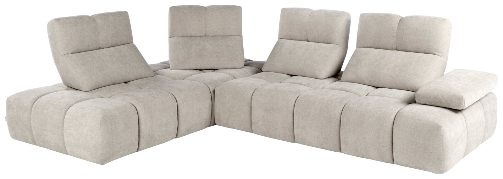 Beige Eckgarnitur mit verstellbaren Rückenlehnen und Armlehne, Perspektive von vorne links