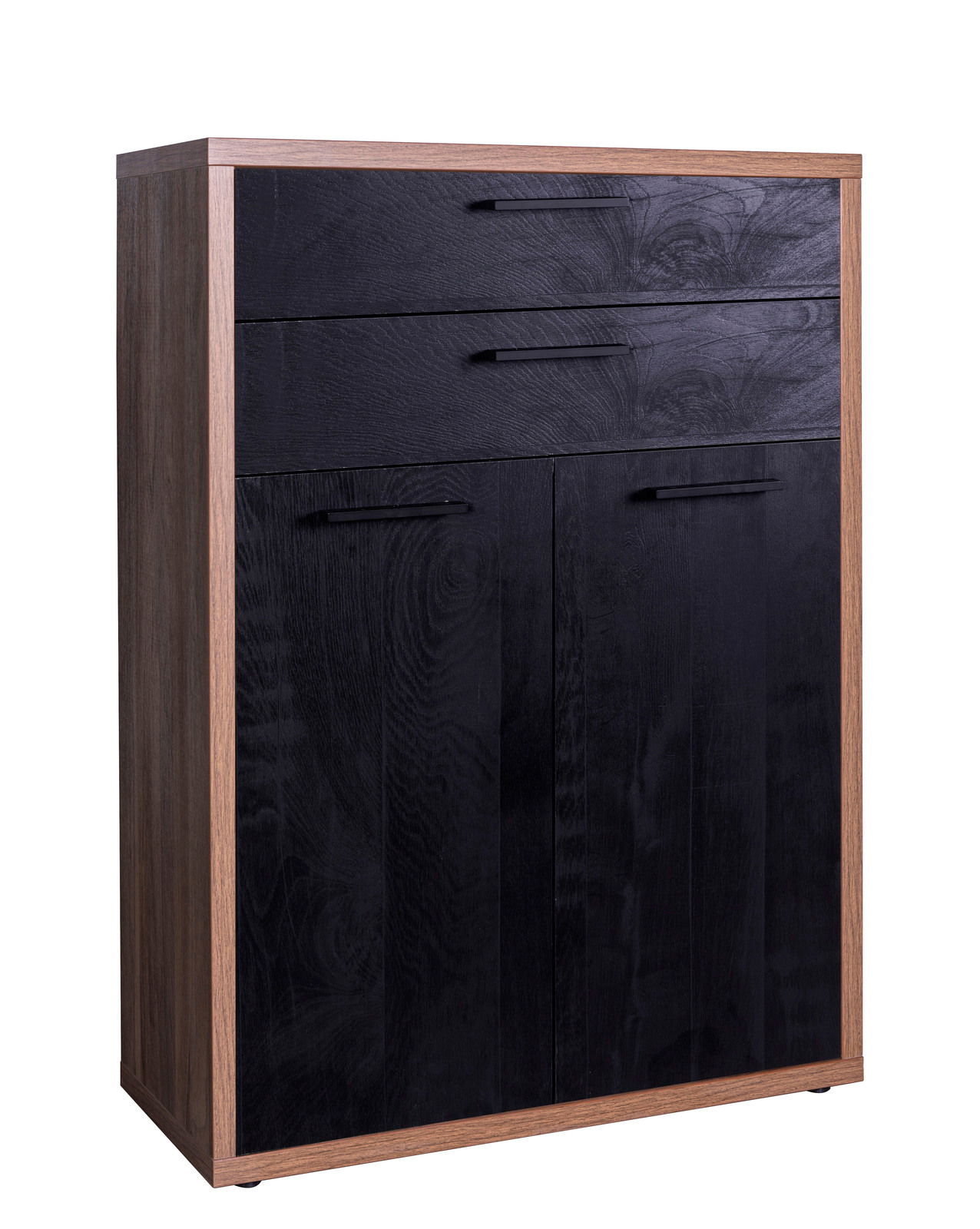 Schwarzes Holzschrank mit zwei Türen und zwei Schubladen, seitliche Perspektive
