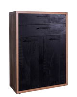 Schwarzes Holzschrank mit zwei Türen und zwei Schubladen, seitliche Perspektive