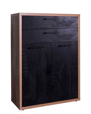 Schwarzes Holzschrank mit zwei Türen und zwei Schubladen, seitliche Perspektive