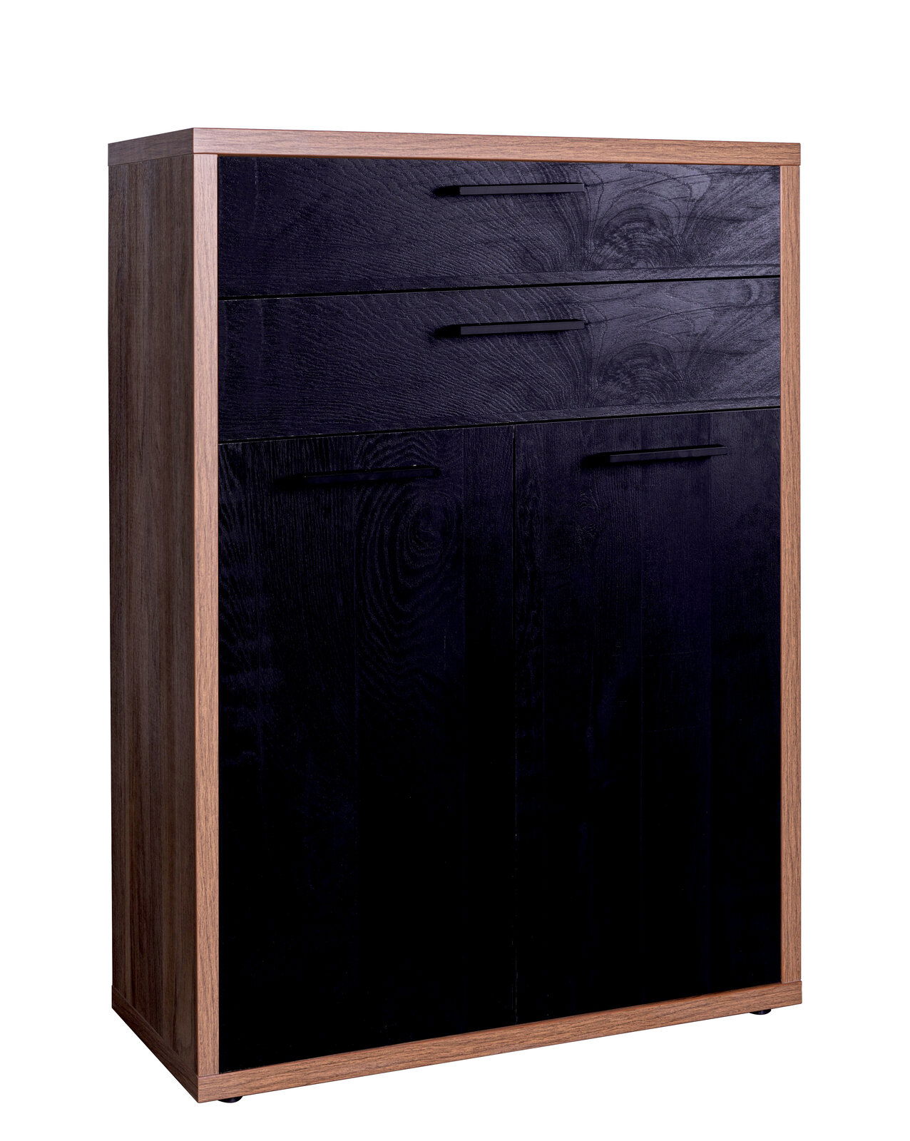 Schwarzes Holzschrank mit zwei Türen und zwei Schubladen, seitliche Perspektive