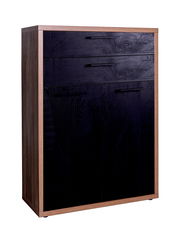 Schwarzes Holzschrank mit zwei Türen und zwei Schubladen, seitliche Perspektive