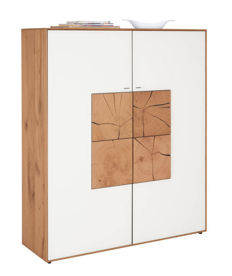 Valnatura Highboard LAGO Modernes Highboard mit weißer Front und Holzelementen, seitliche Perspektive