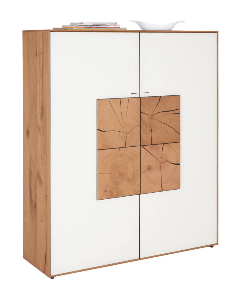 Valnatura Highboard LAGO Modernes Highboard mit weißer Front und Holzelementen, seitliche Perspektive