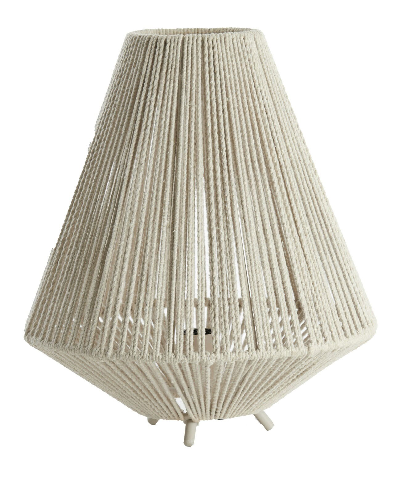 Tischleuchte mit weißem, geflochtenem Lampenschirm aus Seil, seitliche Perspektive