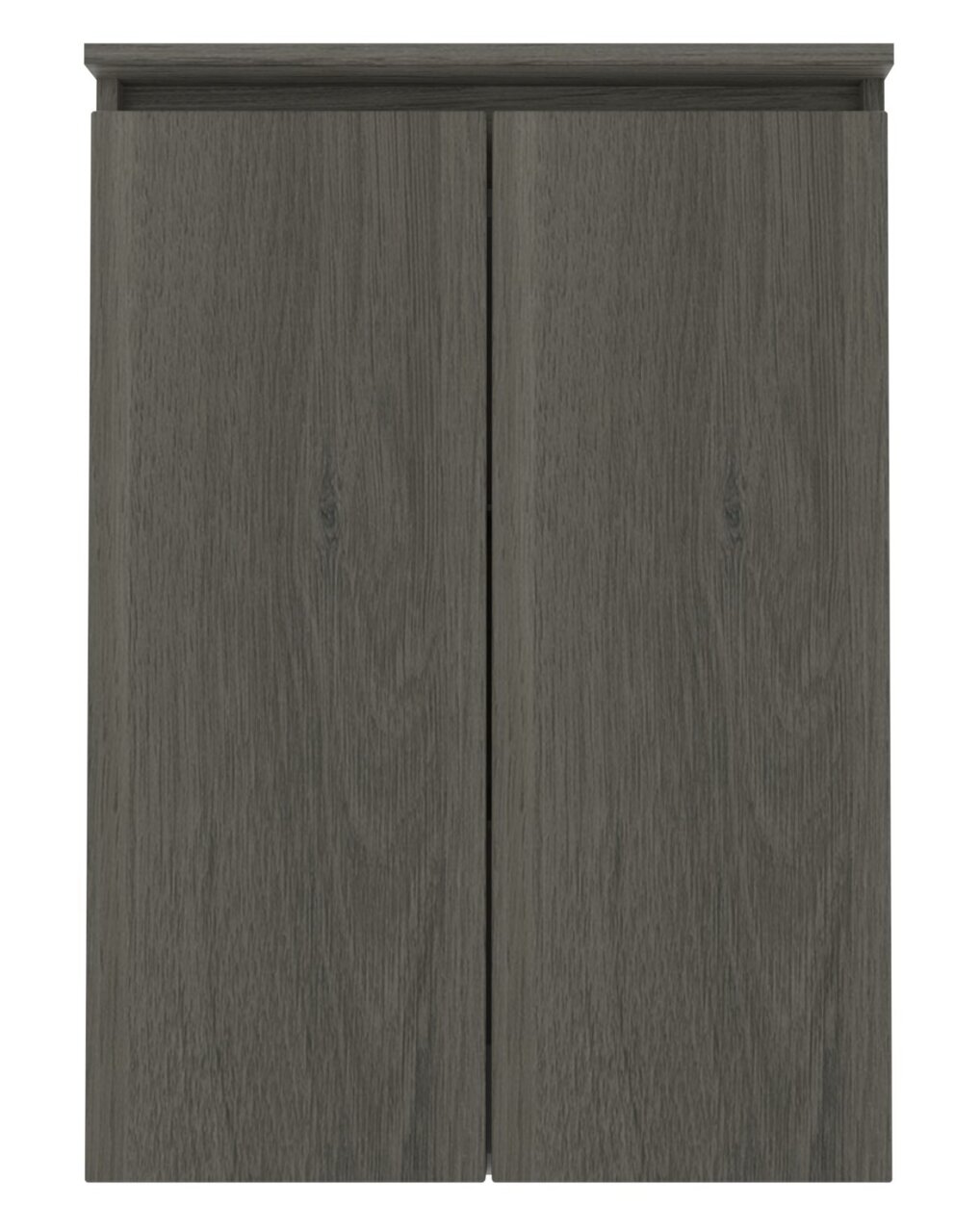 Frontansicht eines modernen, dunkelgrauen Highboards mit zwei Türen und Holzmaserung.