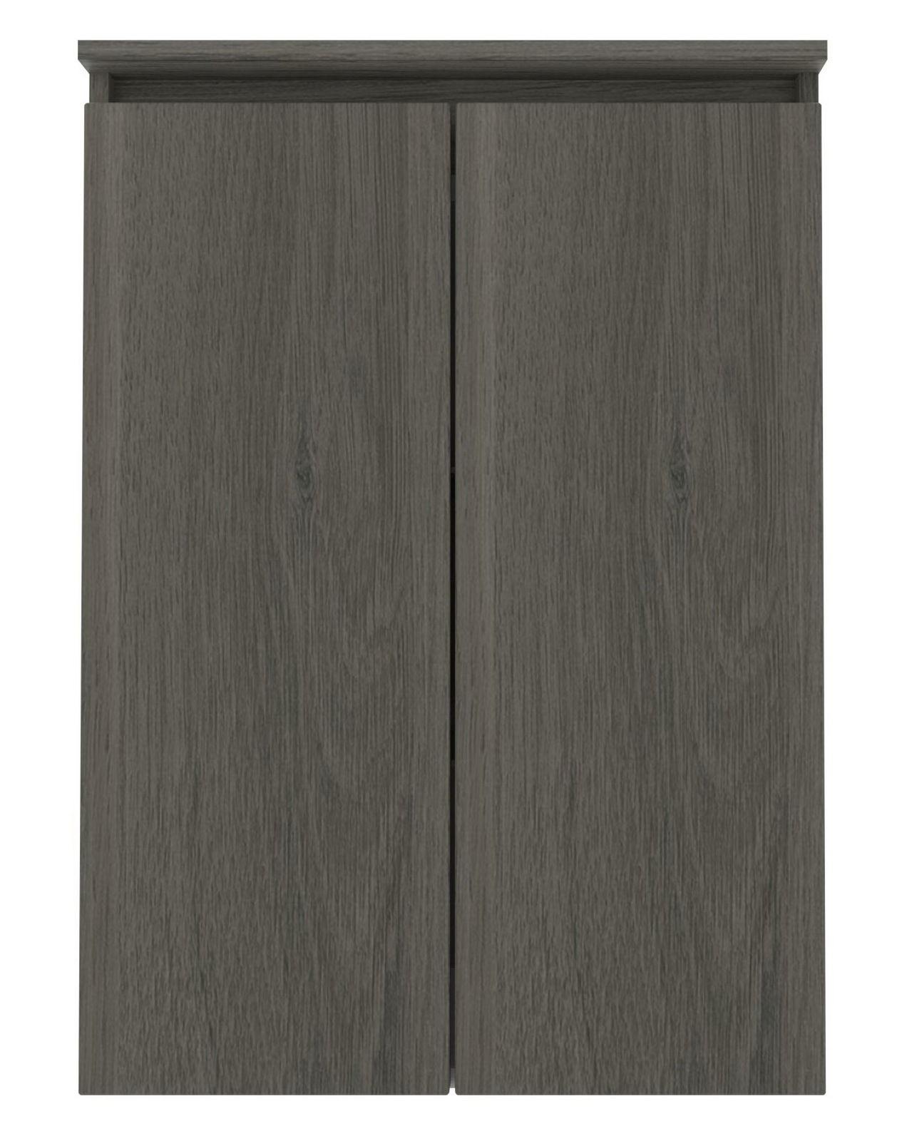 Frontansicht eines modernen, dunkelgrauen Highboards mit zwei Türen und Holzmaserung.