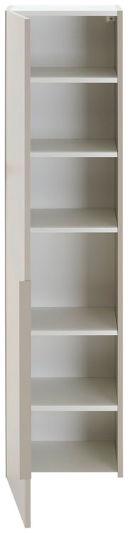 Hochformatiger, weißer Schrank mit fünf offenen Regalböden, frontal abgebildet.