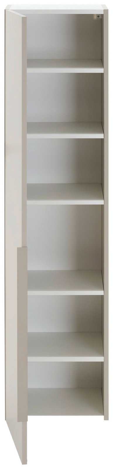 Hochformatiger, weißer Schrank mit fünf offenen Regalböden, frontal abgebildet.
