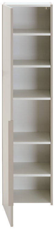 Witte kast in staand formaat met vijf open planken, afgebeeld van voren.