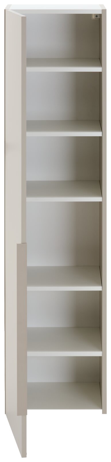 Witte kast in staand formaat met vijf open planken, afgebeeld van voren.